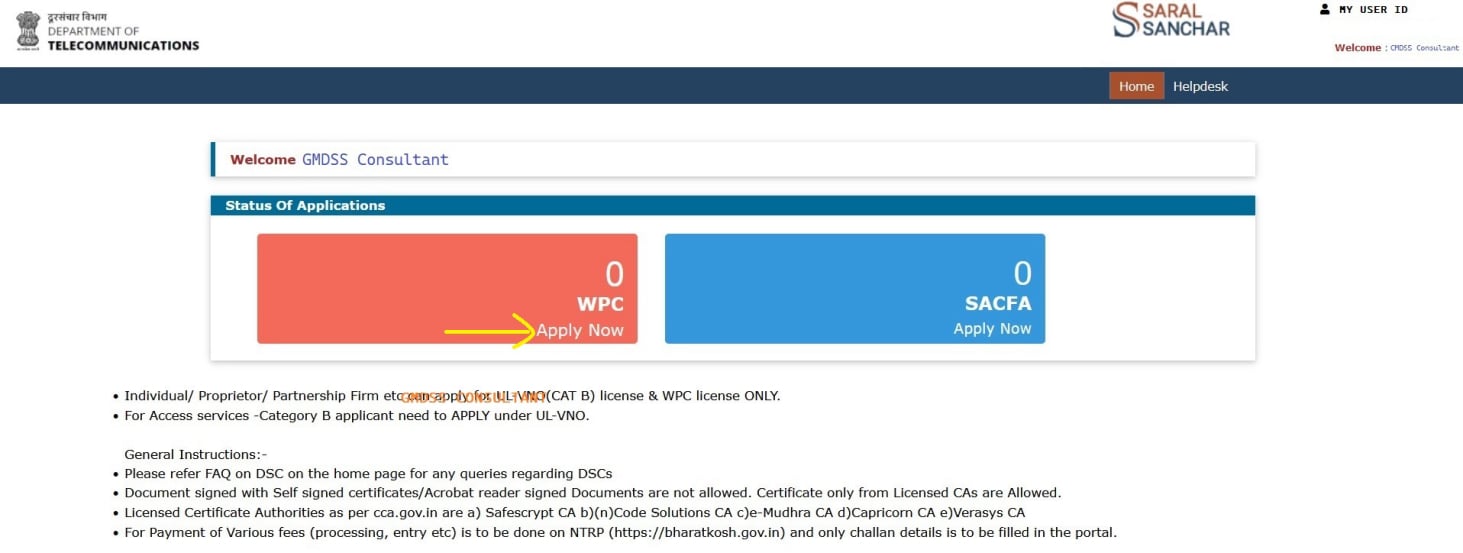 saralsanchar, saral sanchar, gmdss goc renewal, goc renew online, how to renew gmdss goc, register at saral sanchar, wpc rlo, rlo