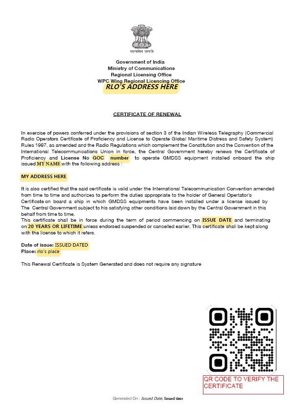 gmdss goc renewal, saral sanchar goc, gmdss renewal, goc, rlo, bharatkosh, merchant navy